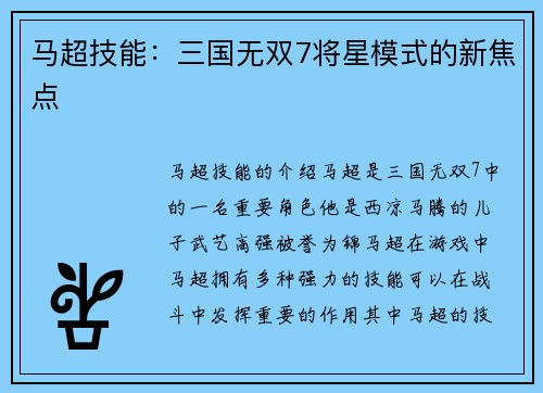 马超技能：三国无双7将星模式的新焦点