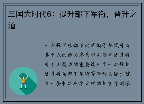 三国大时代6：提升部下军衔，晋升之道