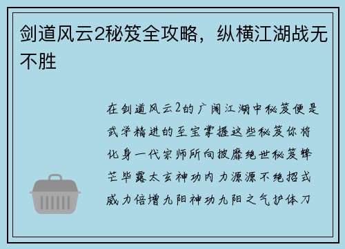 剑道风云2秘笈全攻略，纵横江湖战无不胜